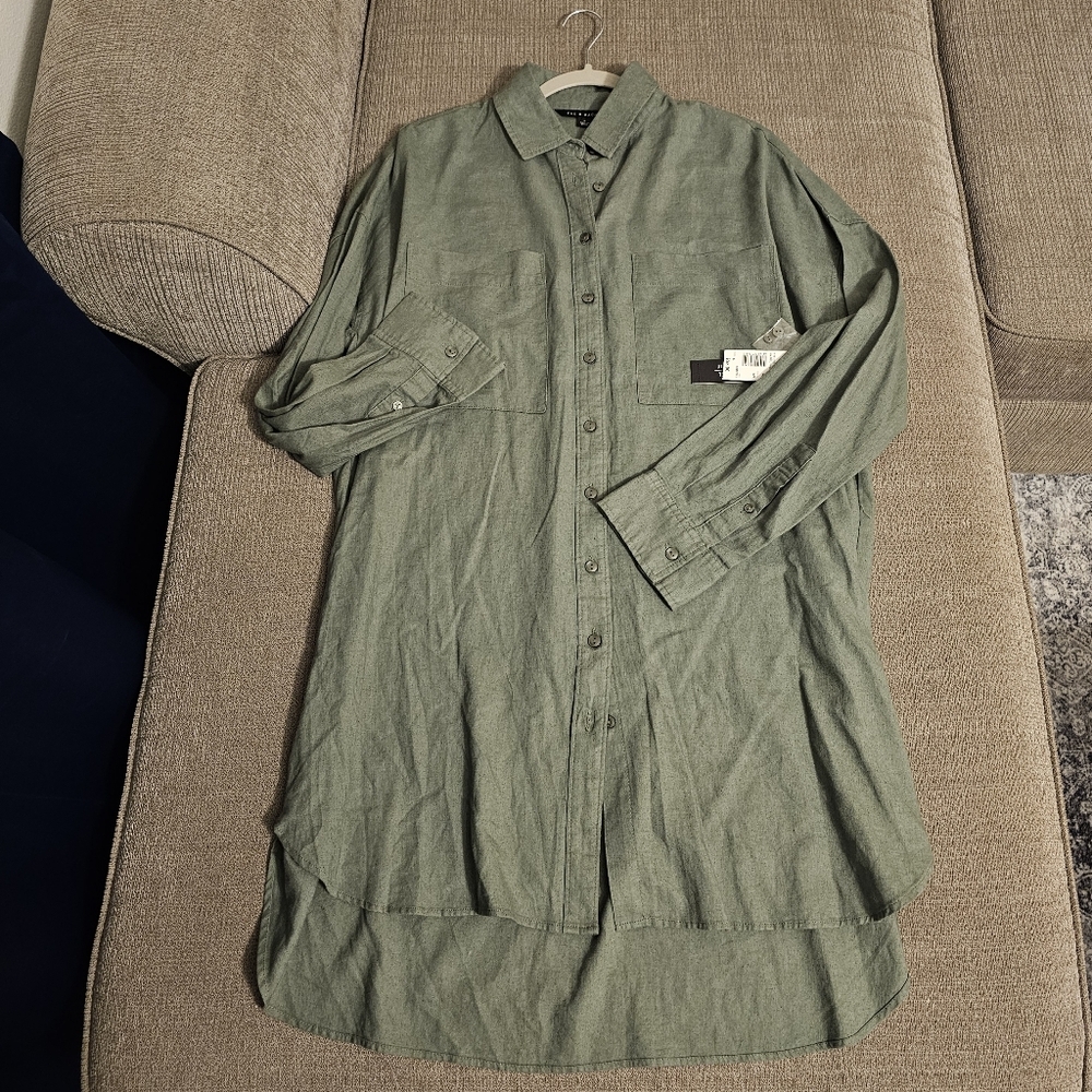 Zac & Rachel Linen Blend Green Button-Up Relaxed Oversized Shirt Dress Small